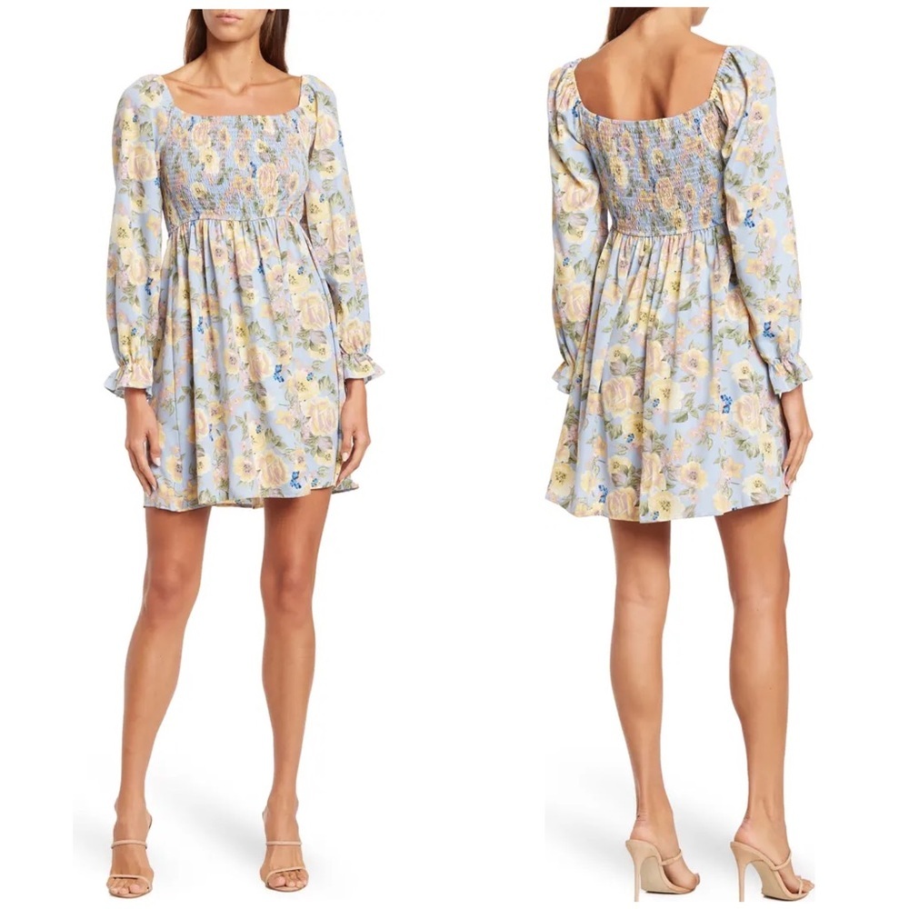 NWT HL Affair Floral Mini Dress Small blue yellow smocked long sleeve